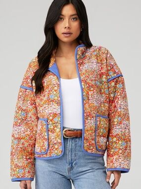 Cropped Floral Quilt Puffer Jacket - Orange Multi